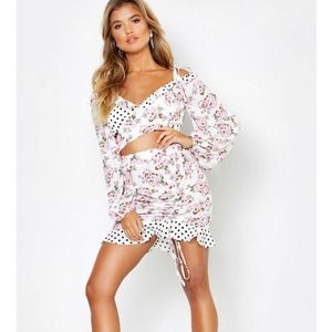 Woven Polka Dot Floral Ruffle Two-Piece
 Boohoo